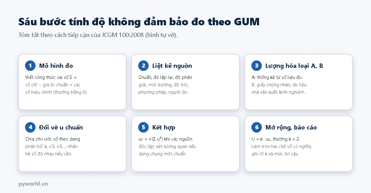 Sáu thẻ bước tính độ không đảm bảo đo theo GUM: mô hình đo, liệt kê nguồn, lượng hóa loại A và loại B, đổi về độ không đảm bảo chuẩn, kết hợp bằng căn tổng bình phương, mở rộng với k bằng 2 và báo cáo