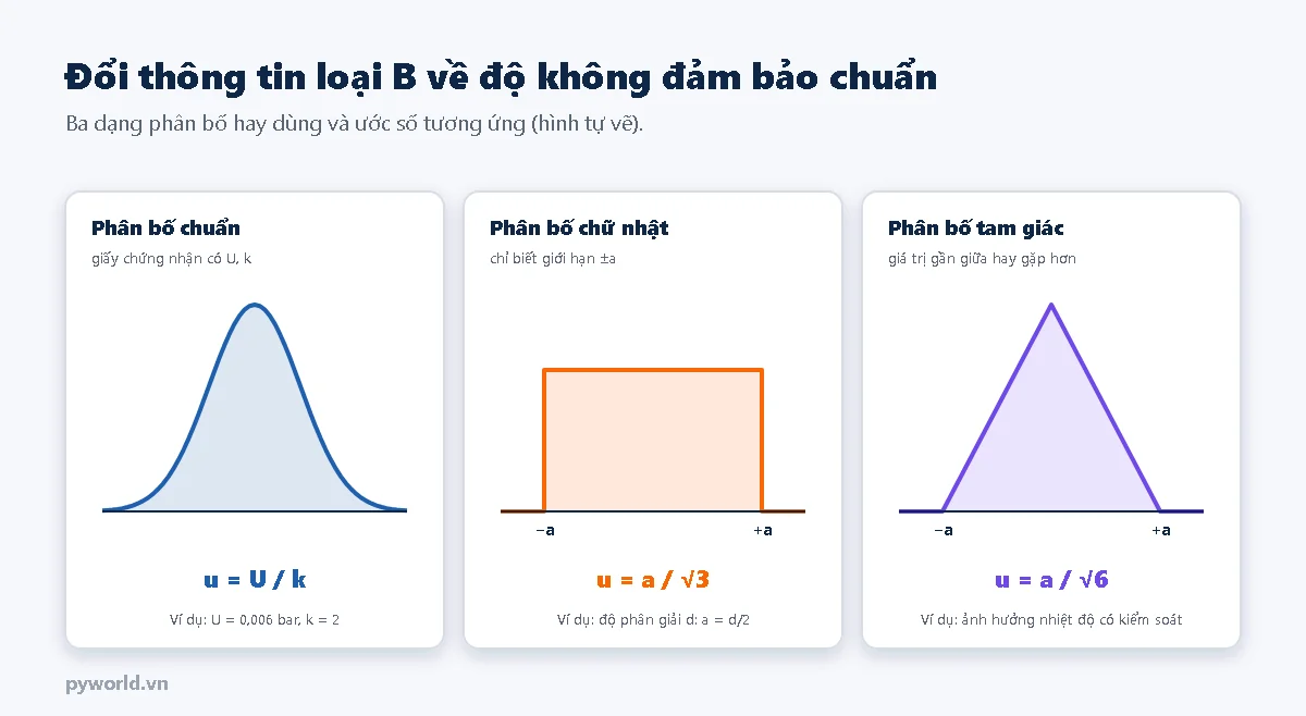 Ba dạng phân bố xác suất: phân bố chuẩn với u bằng U chia k, ví dụ U 0,006 bar k bằng 2; phân bố chữ nhật với u bằng a chia căn 3, ví dụ độ phân giải d thì a bằng d chia 2; phân bố tam giác với u bằng a chia căn 6
