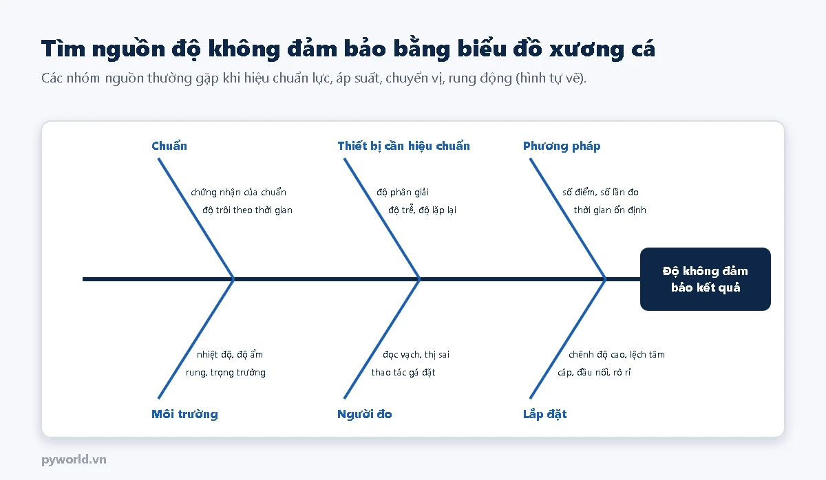 Biểu đồ xương cá sáu nhóm nguồn độ không đảm bảo trong hiệu chuẩn: chuẩn gồm chứng nhận và độ trôi; thiết bị cần hiệu chuẩn gồm độ phân giải, độ trễ, độ lặp lại; phương pháp gồm số điểm, số lần đo, thời gian ổn định; môi trường gồm nhiệt độ, độ ẩm, rung, trọng trường; người đo gồm đọc vạch, thị sai, thao tác gá đặt; lắp đặt gồm chênh độ cao, lệch tâm, cáp, đầu nối, rò rỉ