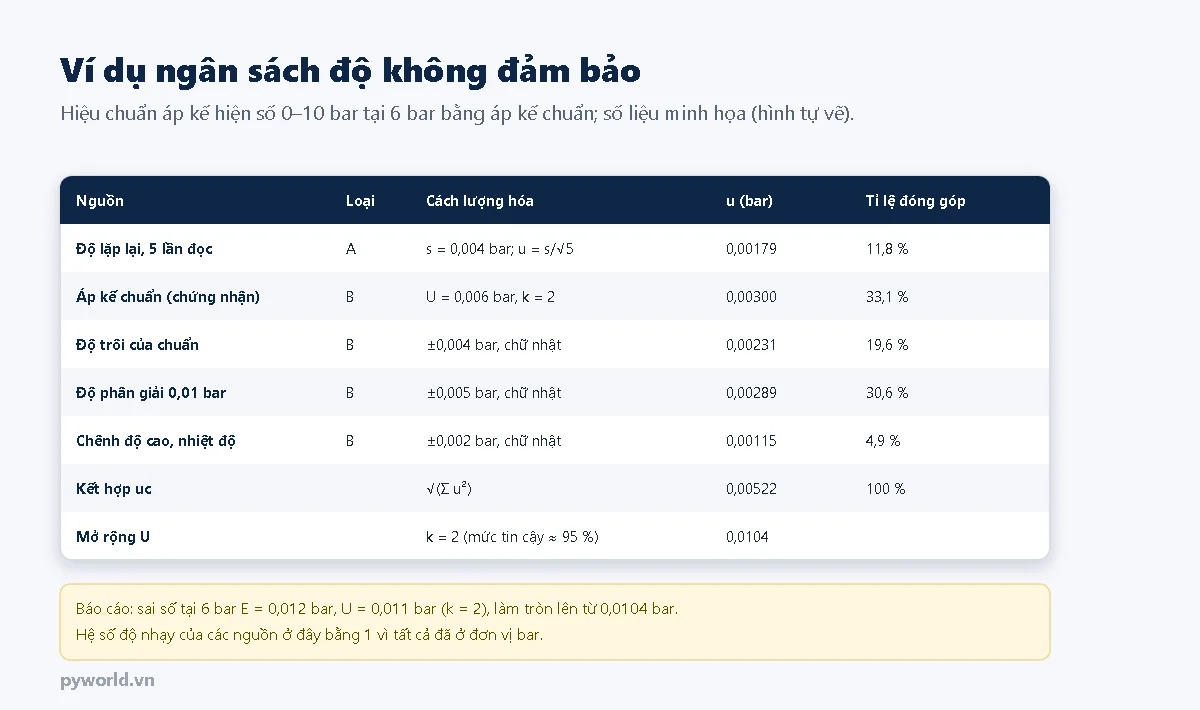 Bảng ngân sách độ không đảm bảo hiệu chuẩn áp kế hiện số 0 đến 10 bar tại 6 bar: độ lặp lại 5 lần đọc loại A 0,00179 bar; áp kế chuẩn U 0,006 bar k bằng 2 cho 0,00300 bar; độ trôi của chuẩn 0,00231 bar; độ phân giải 0,01 bar cho 0,00289 bar; chênh độ cao và nhiệt độ 0,00115 bar; kết hợp 0,00522 bar; mở rộng k bằng 2 được 0,0104 bar, báo 0,011 bar