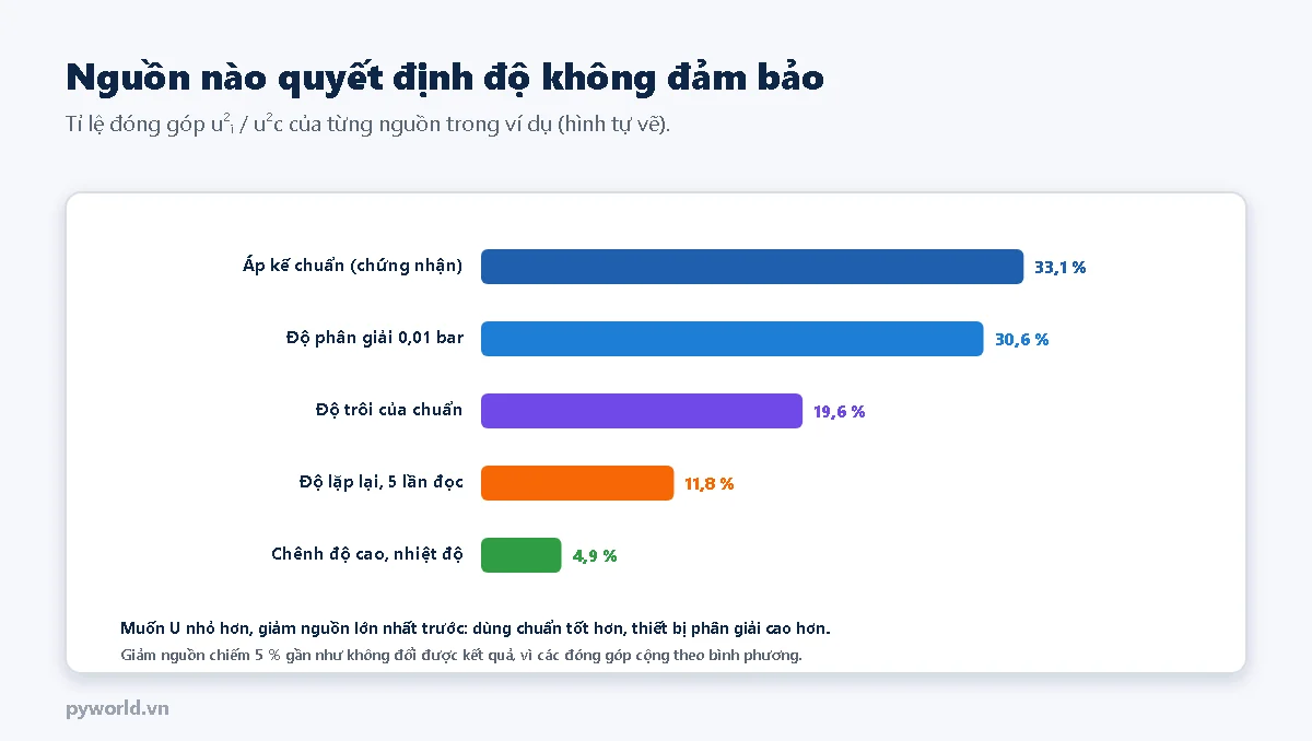Biểu đồ thanh tỉ lệ đóng góp của từng nguồn vào độ không đảm bảo kết hợp: áp kế chuẩn 33,1 phần trăm, độ phân giải 30,6 phần trăm, độ trôi của chuẩn 19,6 phần trăm, độ lặp lại 11,8 phần trăm, chênh độ cao và nhiệt độ 4,9 phần trăm