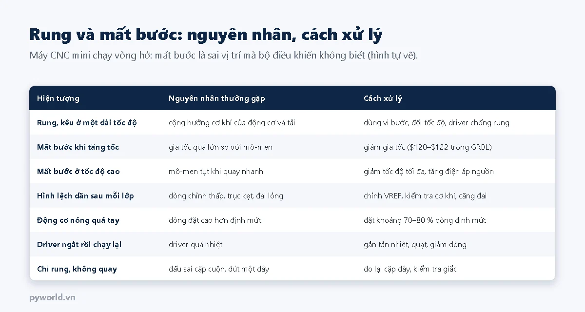 Bảng hiện tượng rung và mất bước: rung ở một dải tốc độ do cộng hưởng, mất bước khi tăng tốc do gia tốc lớn, mất bước ở tốc độ cao do mô-men tụt, hình lệch dần do dòng thấp hoặc kẹt, động cơ nóng do dòng cao, driver ngắt do quá nhiệt, chỉ rung không quay do sai cặp dây