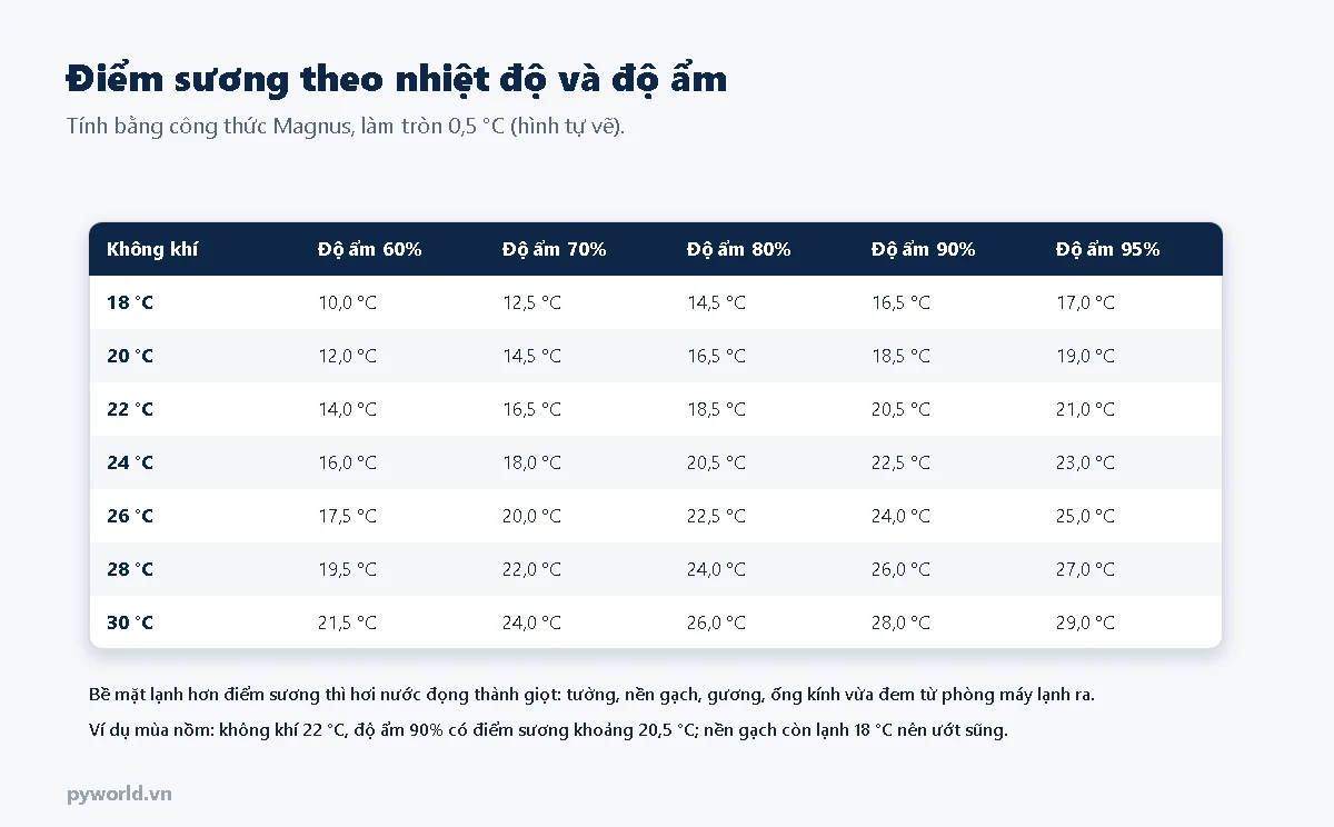 Bảng điểm sương theo nhiệt độ không khí 18 đến 30 độ C và độ ẩm 60 đến 95%, tính bằng công thức Magnus