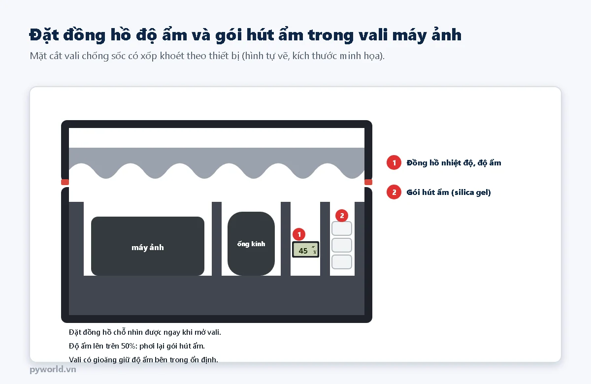 Mặt cắt vali chống sốc có xốp khoét theo máy ảnh, ống kính, đồng hồ nhiệt độ độ ẩm và gói hút ẩm silica gel đặt trong hốc riêng