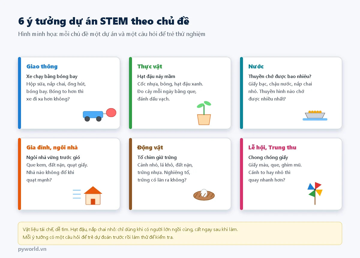 Sáu thẻ ý tưởng dự án STEM theo chủ đề: giao thông xe chạy bằng bóng bay, thực vật hạt đậu nảy mầm, nước thuyền giấy bạc chở được bao nhiêu, gia đình ngôi nhà que kem vững trước gió, động vật tổ chim giữ trứng, lễ hội Trung thu chong chóng giấy; mỗi thẻ có vật liệu và một câu hỏi thử nghiệm