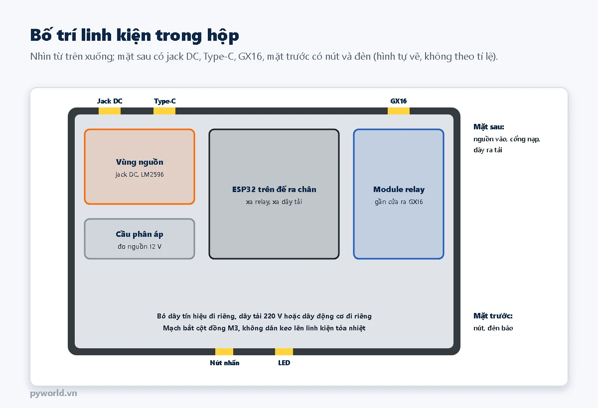 Bố trí trong hộp nhìn từ trên: vùng nguồn với jack DC và LM2596, ESP32 trên đế ra chân ở giữa, module relay gần cửa ra GX16, cầu phân áp, nút và LED ở mặt trước