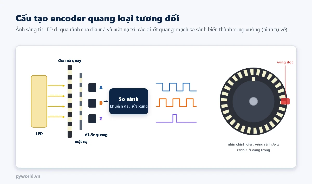 Cấu tạo encoder quang loại tương đối: đèn LED chiếu qua đĩa mã có rãnh và mặt nạ tới ba đi-ốt quang A, B, Z, mạch so sánh biến tín hiệu thành ba dãy xung vuông; bên phải là đĩa mã nhìn chính diện với vòng rãnh và vùng đọc