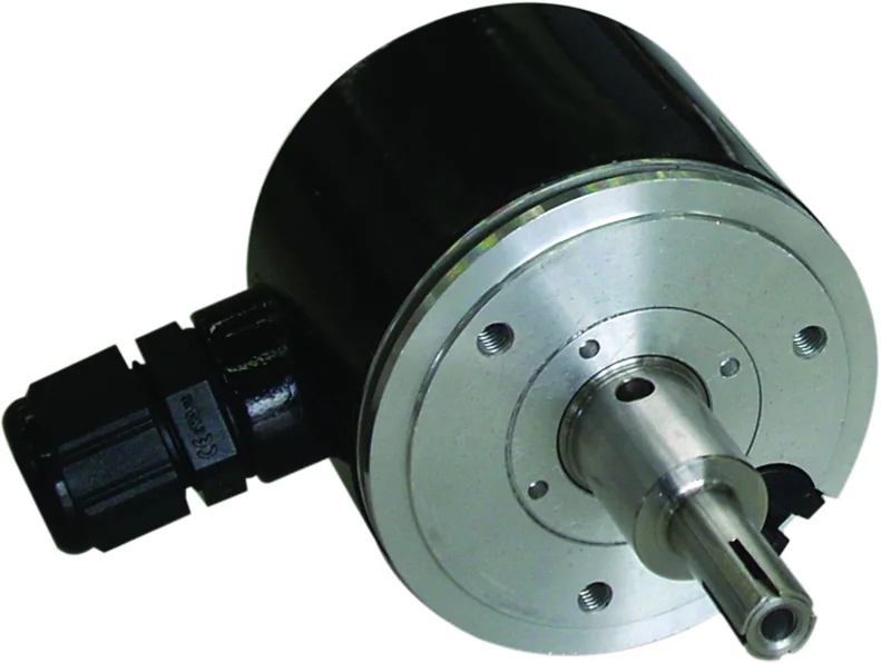 Encoder quay công nghiệp vỏ kim loại màu đen, mặt bích nhôm có lỗ bắt vít, trục đặc có rãnh then và đầu cáp bên hông