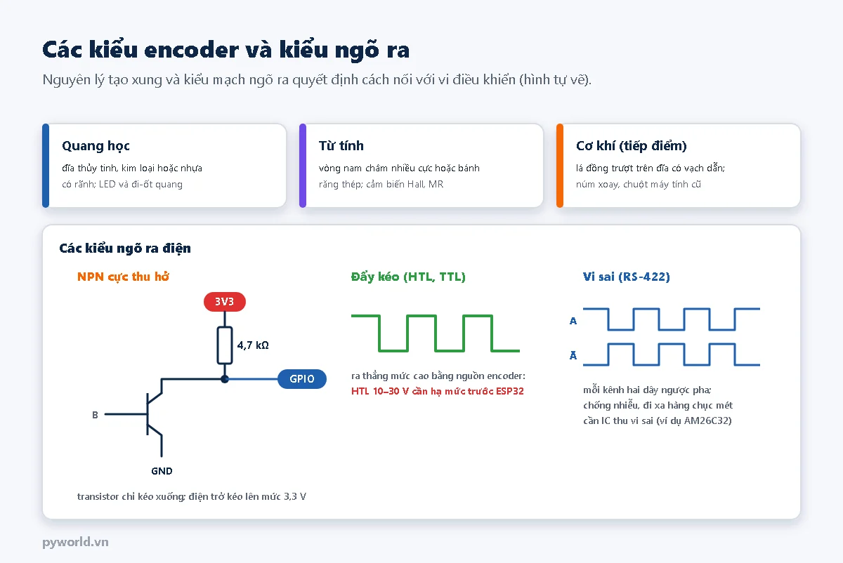 Ba kiểu encoder: quang học, từ tính, cơ khí tiếp điểm; ba kiểu ngõ ra: NPN cực thu hở với điện trở kéo lên 3V3, đẩy kéo HTL hoặc TTL, vi sai RS-422 với hai dây A và A đảo