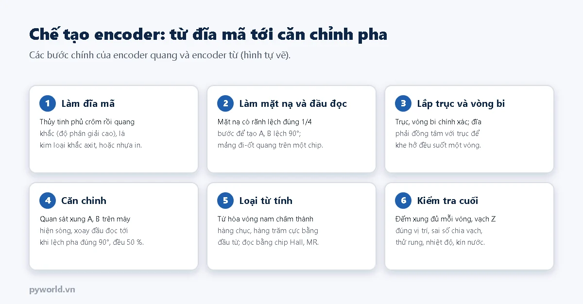Sáu bước chế tạo encoder: làm đĩa mã bằng thủy tinh phủ crôm quang khắc hoặc lá kim loại khắc axit, làm mặt nạ và đầu đọc với rãnh lệch một phần tư bước, lắp trục và vòng bi đồng tâm, căn chỉnh pha trên máy hiện sóng, từ hóa vòng nam châm cho loại từ tính, kiểm tra cuối