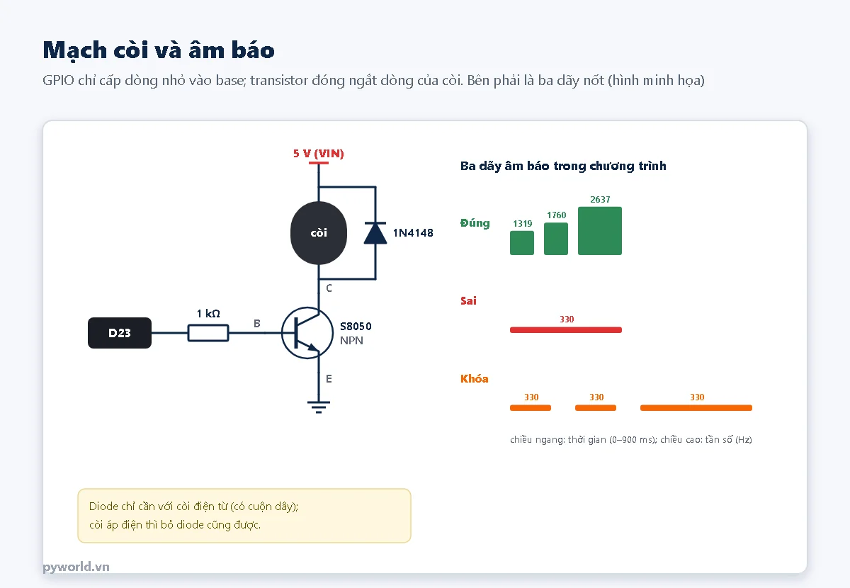 Sơ đồ nguyên lý: D23 qua điện trở 1 kΩ vào base của transistor NPN S8050, còi nối từ 5 V xuống collector, diode 1N4148 song song với còi, emitter nối GND; bên phải là ba dãy âm báo đúng, sai, khóa vẽ theo thời gian và tần số