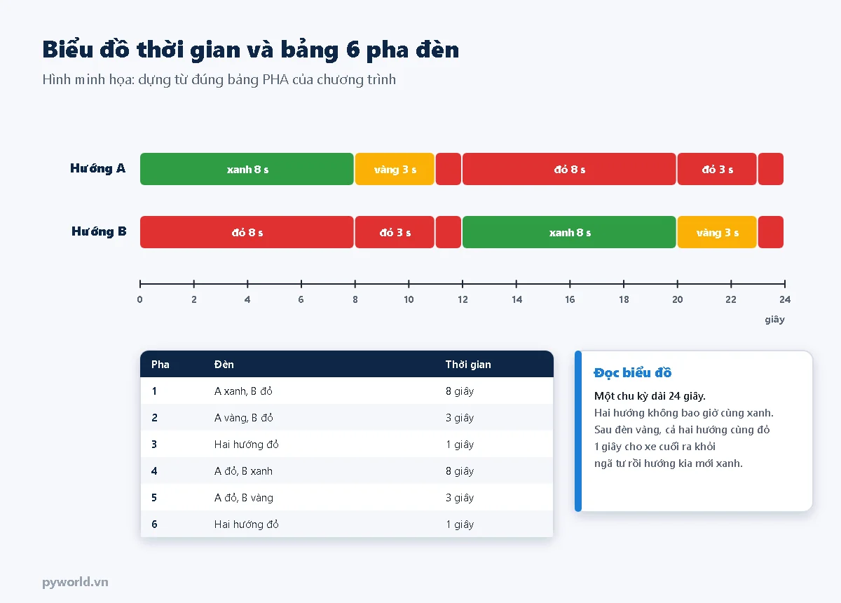 Biểu đồ thời gian một chu kỳ 24 giây: hướng A xanh 8 giây, vàng 3 giây, rồi đỏ; hướng B đỏ trong lúc A xanh và vàng, rồi xanh 8 giây, vàng 3 giây; giữa hai lượt có 1 giây cả hai hướng cùng đỏ; bảng 6 pha kèm thời gian