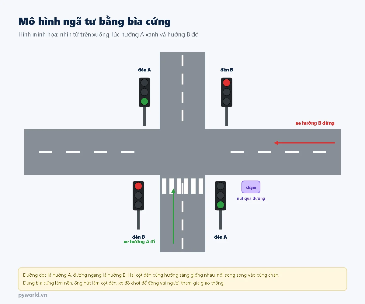 Mô hình ngã tư nhìn từ trên xuống: đường dọc là hướng A, đường ngang là hướng B, bốn cột đèn ở bốn góc, vạch qua đường cho người đi bộ, nút chạm xin qua đường; lúc hướng A xanh xe đi lên, hướng B đỏ xe dừng