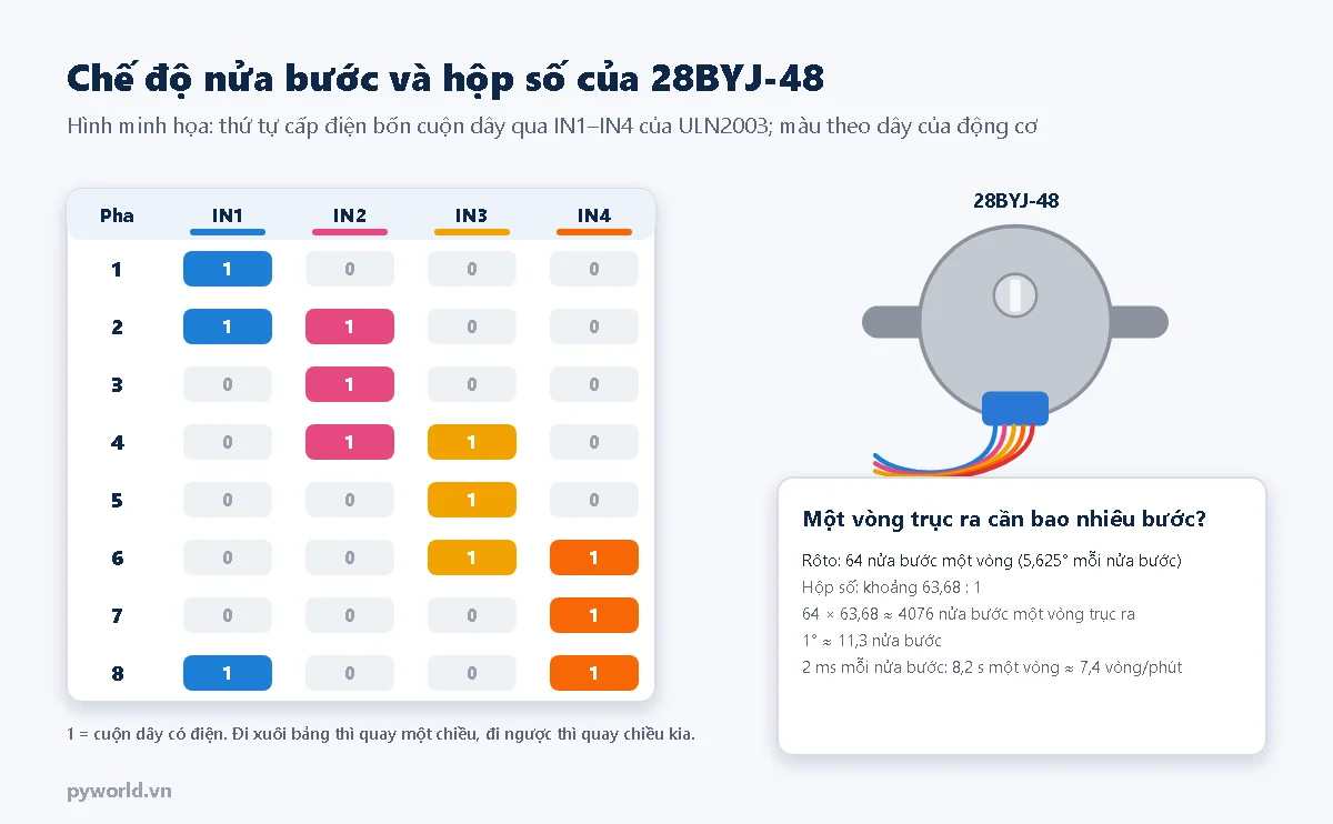 Hình minh họa bảng tám pha nửa bước của động cơ 28BYJ-48 qua bốn chân IN1 đến IN4 của ULN2003, kèm cách tính khoảng 4076 nửa bước cho một vòng trục ra