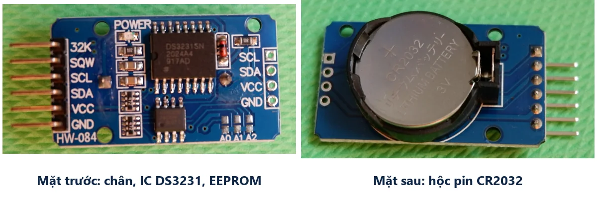 Module DS3231 mặt trước có hàng 6 chân 32K SQW SCL SDA VCC GND, chip DS3231 và EEPROM, mặt sau có hộc pin cúc áo CR2032