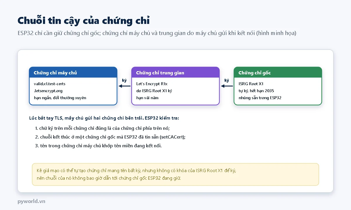 Ba chứng chỉ: chứng chỉ máy chủ valid.x1.test-certs.letsencrypt.org hạn 90 ngày, chứng chỉ trung gian Let's Encrypt do ISRG Root X1 ký, chứng chỉ gốc ISRG Root X1 tự ký hết hạn 2035 nhúng sẵn trong ESP32; mũi tên ký từ gốc sang trung gian sang máy chủ; ba bước kiểm tra