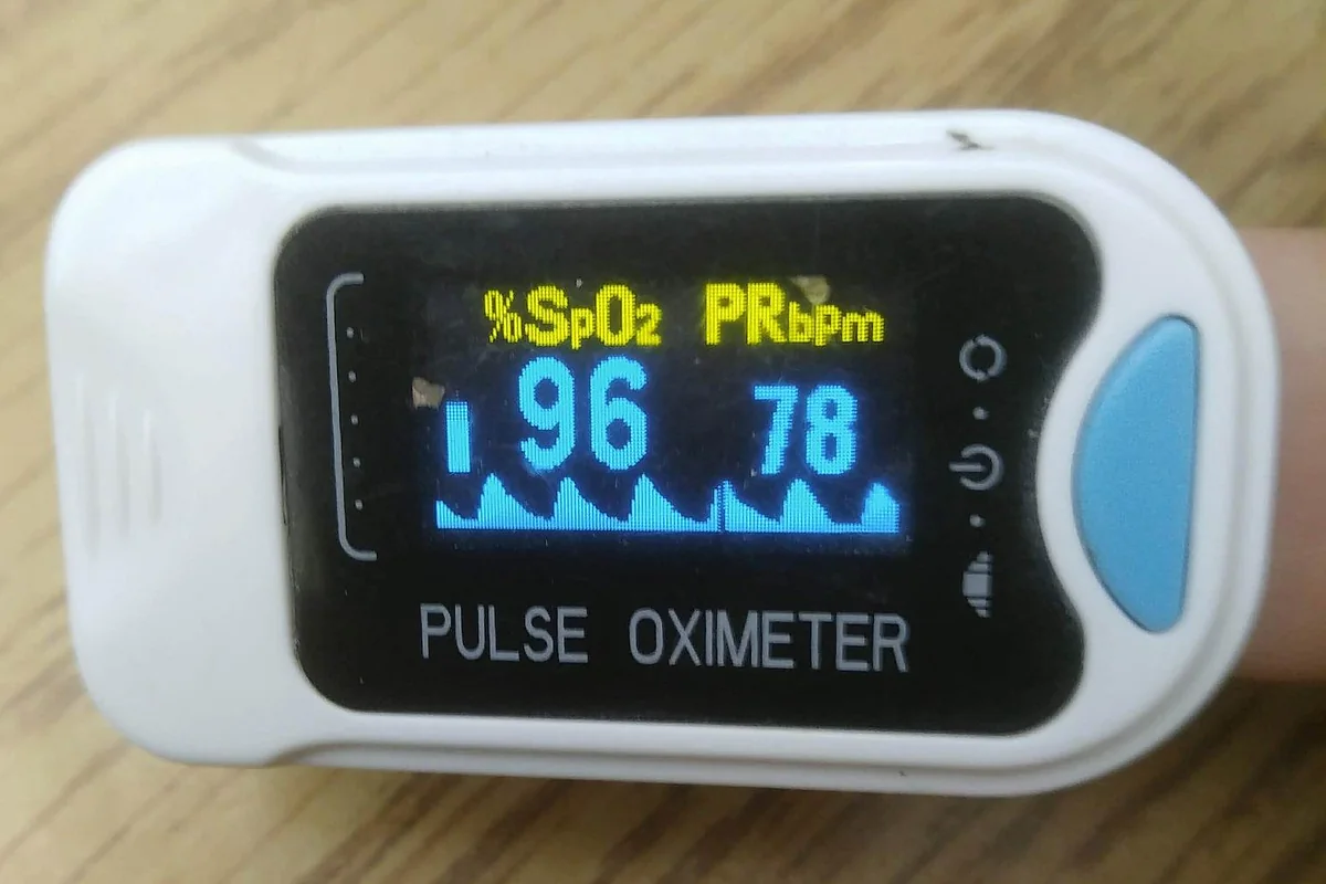 Máy đo SpO2 kẹp ngón tay màu trắng, màn hình hiện SpO2 96 phần trăm, nhịp 78 và dạng sóng PPG màu xanh