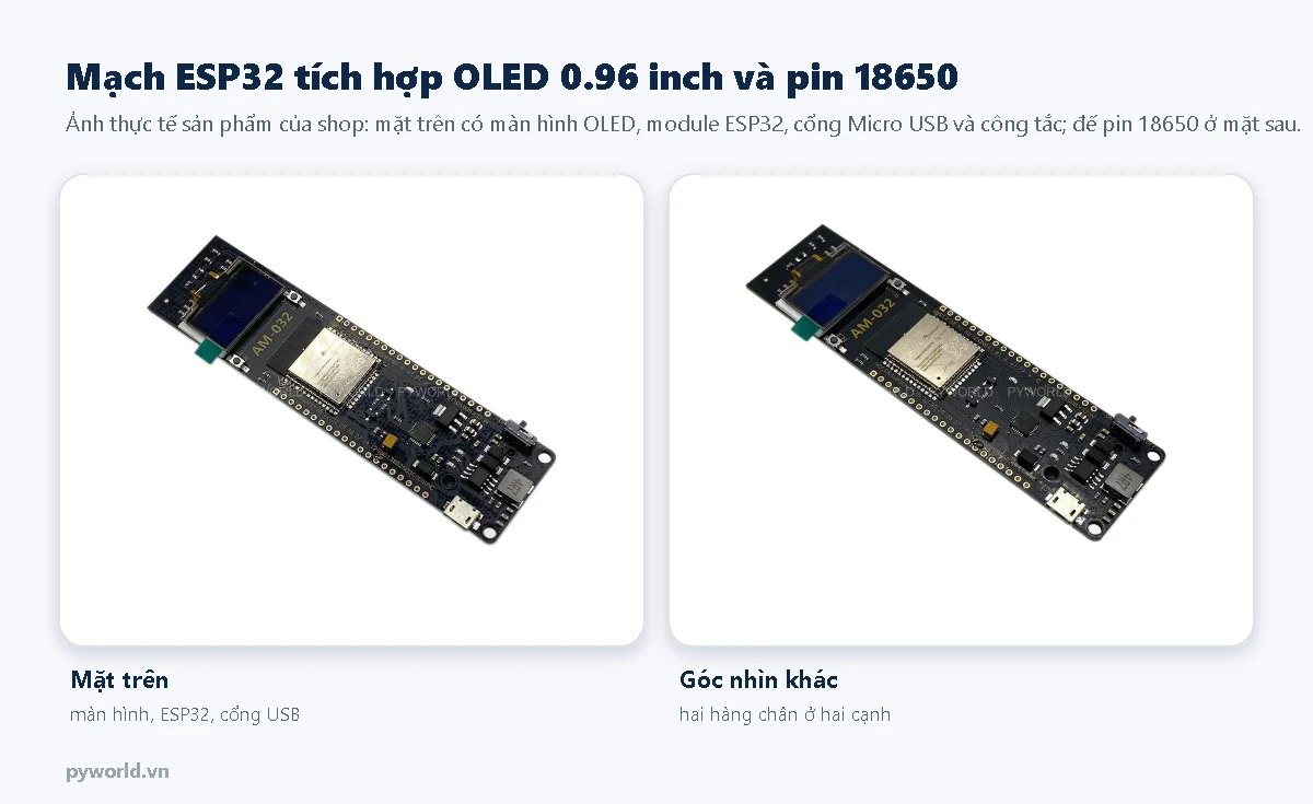 Mạch ESP32 tích hợp màn hình OLED 0.96 inch và đế pin 18650 của PYWORLD, mặt trên có màn hình, module ESP32, cổng Micro USB và công tắc