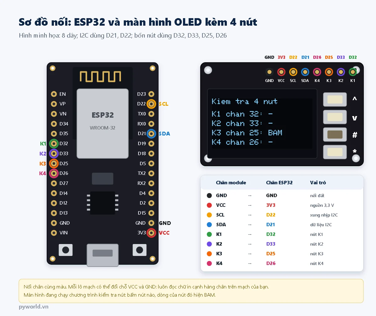 Sơ đồ nối ESP32 DevKit V1 với màn hình OLED kèm 4 nút: GND với GND, VCC với 3V3, SCL với D22, SDA với D21, K1 với D32, K2 với D33, K3 với D25, K4 với D26; các chân cùng màu; màn hình đang hiện chương trình kiểm tra nút với dòng K3 BAM