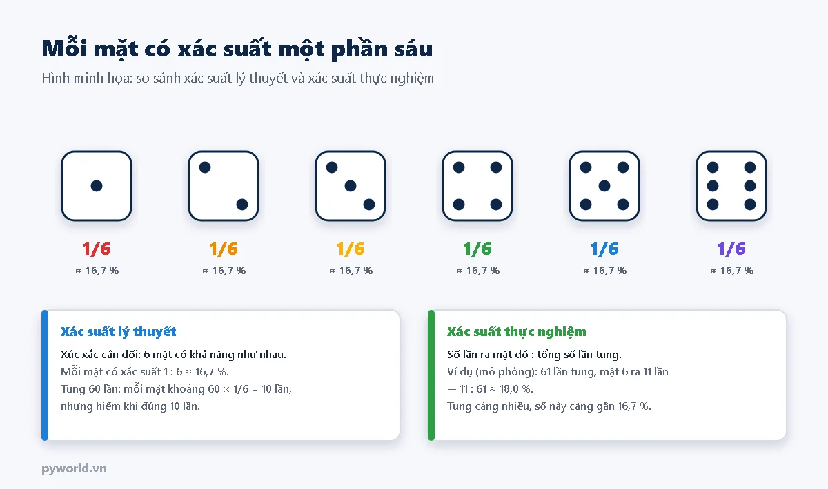 Sáu mặt xúc xắc, dưới mỗi mặt ghi 1/6, khoảng 16,7 phần trăm; ô xác suất lý thuyết: 6 mặt có khả năng như nhau, tung 60 lần mỗi mặt khoảng 10 lần nhưng hiếm khi đúng 10; ô xác suất thực nghiệm: số lần ra mặt đó chia tổng số lần tung, ví dụ mô phỏng 61 lần tung mặt 6 ra 11 lần, khoảng 18 phần trăm