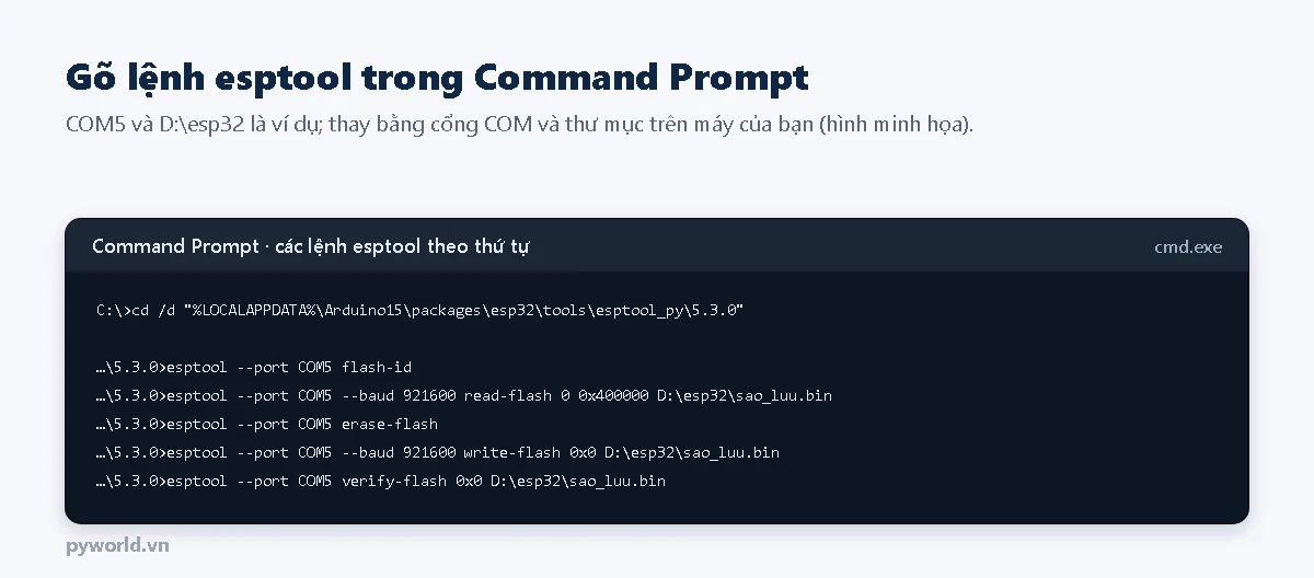 Cửa sổ Command Prompt với các lệnh esptool theo thứ tự: chuyển thư mục, flash-id, read-flash, erase-flash, write-flash, verify-flash