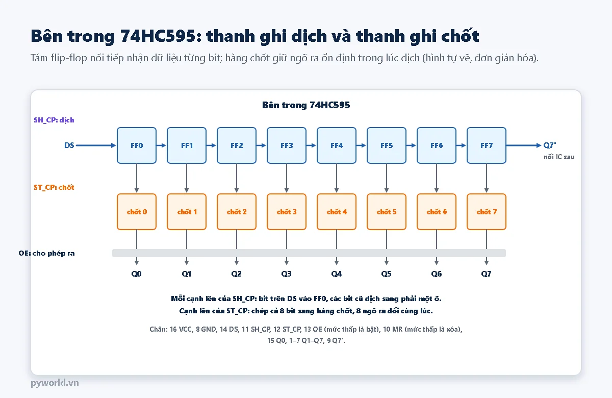 Sơ đồ khối bên trong 74HC595: tám flip-flop FF0 đến FF7 nối thành hàng ngang, dữ liệu DS vào FF0, ngõ ra FF7 là Q7 phẩy nối sang IC sau, xung SH_CP điều khiển việc dịch; bên dưới tám ô chốt 0 đến 7 nhận dữ liệu từ hàng trên khi có xung ST_CP, qua thanh OE ra tám ngõ Q0 đến Q7; ghi chú chức năng từng chân