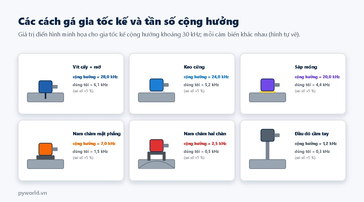 Sáu thẻ cách gá gia tốc kế: vít cấy và mỡ cộng hưởng khoảng 28 kHz dùng tới 6,1 kHz; keo cứng 24 kHz dùng tới 5,2 kHz; sáp mỏng 20 kHz dùng tới 4,4 kHz; nam châm mặt phẳng 7 kHz dùng tới 1,5 kHz; nam châm hai chân 2,5 kHz dùng tới 0,5 kHz; đầu dò cầm tay 1,2 kHz dùng tới 0,3 kHz