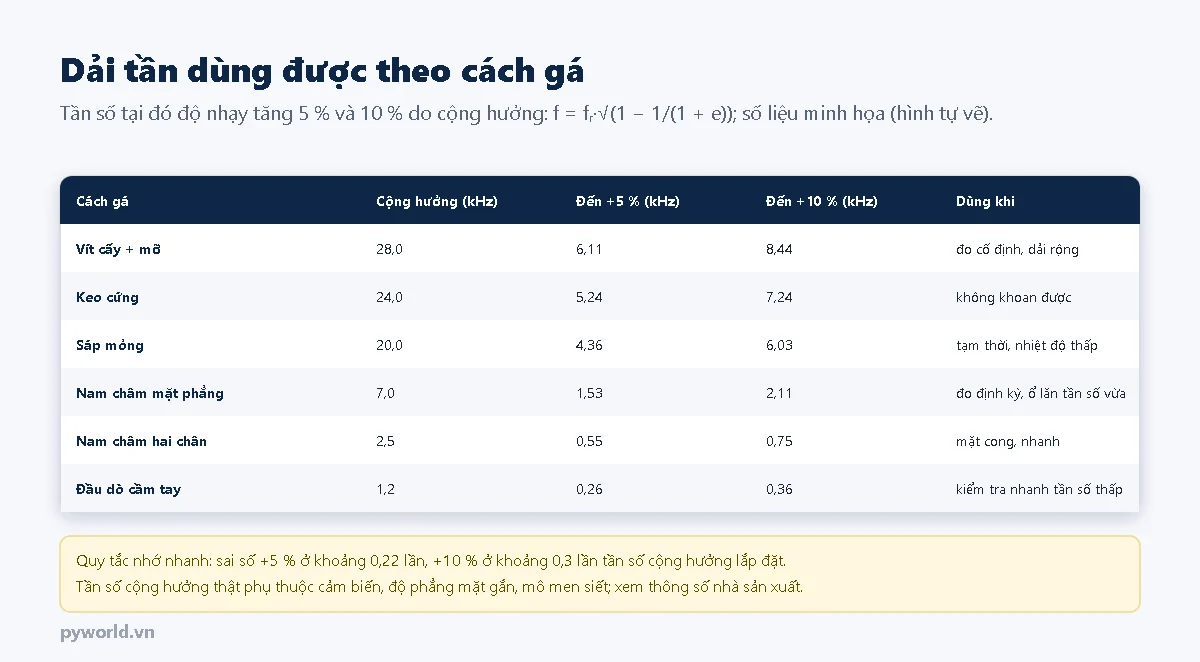 Bảng dải tần dùng được theo cách gá: cộng hưởng, tần số tại đó sai số đạt cộng 5 phần trăm và cộng 10 phần trăm, và trường hợp nên dùng của vít cấy, keo cứng, sáp mỏng, nam châm mặt phẳng, nam châm hai chân, đầu dò cầm tay