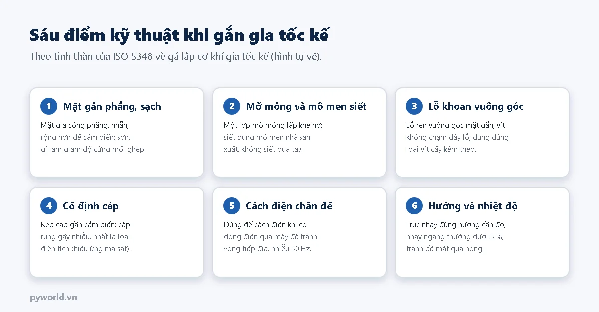 Sáu thẻ: mặt gắn phẳng sạch; mỡ mỏng và mô men siết; lỗ khoan vuông góc; cố định cáp; cách điện chân đế; hướng và nhiệt độ