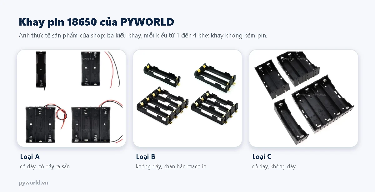 Khay pin 18650 của PYWORLD: loại A có đáy có dây ra, loại B không đáy chân hàn mạch in, loại C có đáy không dây