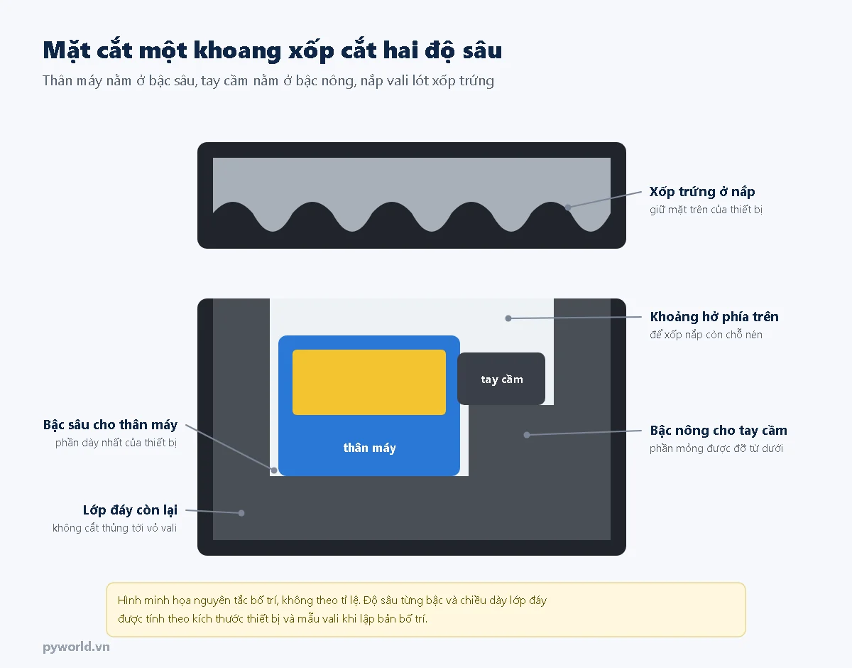Hình minh họa mặt cắt khoang xốp chống sốc cắt hai độ sâu: bậc sâu cho thân máy, bậc nông cho tay cầm