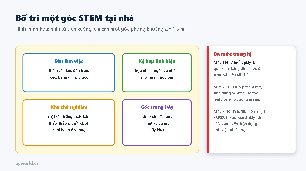Sơ đồ góc STEM nhìn từ trên xuống gồm bốn khu: bàn làm việc với thảm cắt, kéo đầu tròn, keo, băng dính; kệ hộp linh kiện nhiều ngăn có nhãn; khu thử nghiệm trên sàn hoặc bàn thấp; góc trưng bày sản phẩm và nhật ký dự án; ô ba mức trang bị theo độ tuổi