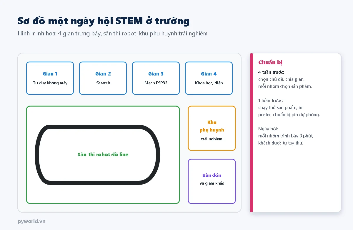 Sơ đồ ngày hội STEM: bốn gian trưng bày tư duy không máy, Scratch, mạch ESP32, khoa học và điện; sân thi robot dò line ở giữa; khu phụ huynh trải nghiệm; bàn đón và giám khảo; ô chuẩn bị 4 tuần trước, 1 tuần trước và trong ngày hội