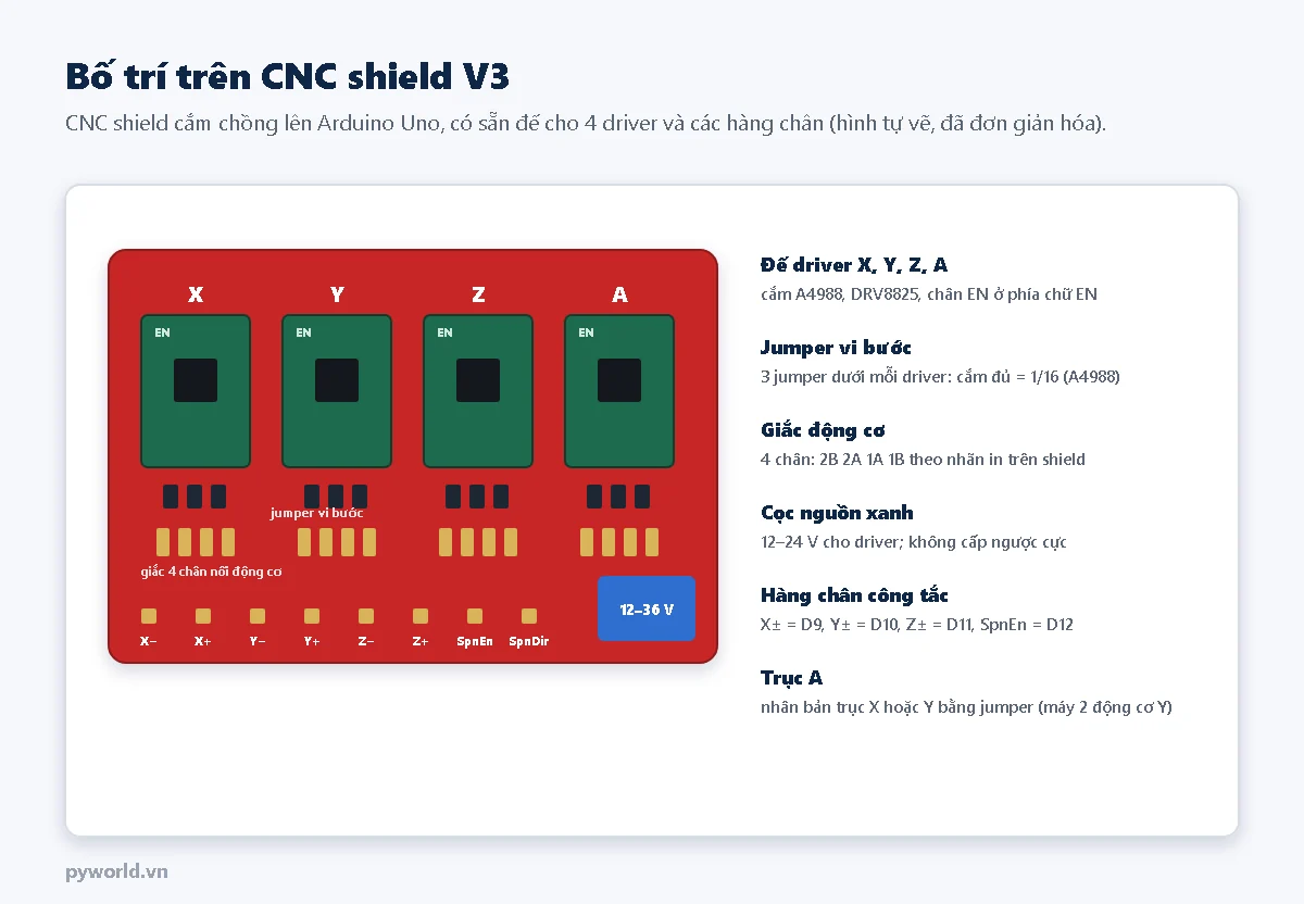 CNC shield V3 nhìn từ trên với bốn đế driver X Y Z A có chữ EN, jumper vi bước, giắc 4 chân nối động cơ, cọc nguồn 12 đến 36 V và hàng chân công tắc X Y Z SpnEn SpnDir