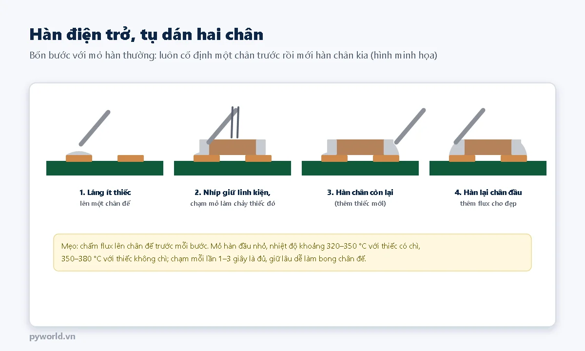 Bốn bước: láng ít thiếc lên một chân đế; nhíp giữ linh kiện, chạm mỏ làm chảy thiếc đó; hàn chân còn lại; hàn lại chân đầu và thêm flux