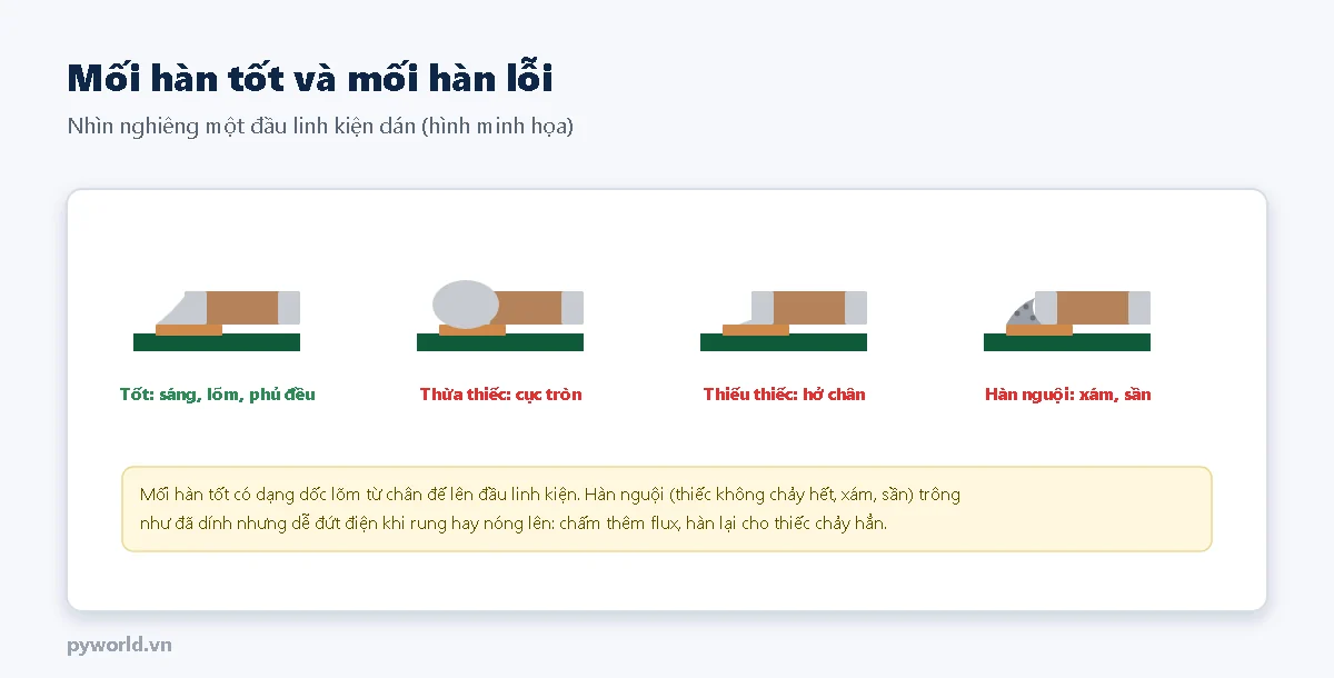 Bốn mối hàn nhìn nghiêng: tốt sáng, lõm, phủ đều; thừa thiếc thành cục tròn; thiếu thiếc hở chân; hàn nguội xám và sần