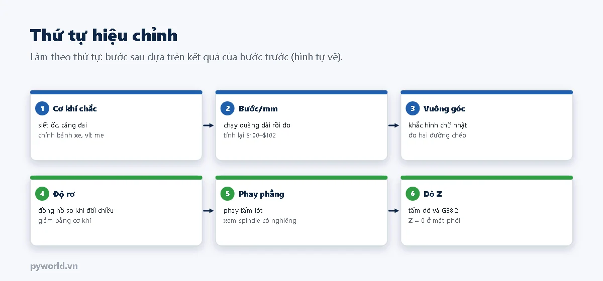 Sáu bước hiệu chỉnh: cơ khí chắc, bước mỗi milimét, vuông góc, độ rơ, phay phẳng tấm lót, dò Z; mỗi bước có hai dòng việc cần làm