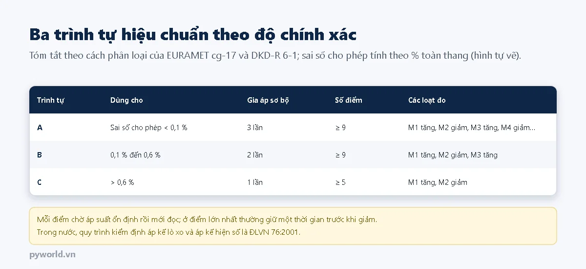Bảng ba trình tự hiệu chuẩn: A cho sai số cho phép dưới 0,1 phần trăm, gia áp sơ bộ 3 lần, ít nhất 9 điểm, các loạt M1 tăng, M2 giảm, M3 tăng, M4 giảm; B cho 0,1 đến 0,6 phần trăm, 2 lần, ít nhất 9 điểm, M1 tăng, M2 giảm, M3 tăng; C cho trên 0,6 phần trăm, 1 lần, ít nhất 5 điểm, M1 tăng, M2 giảm