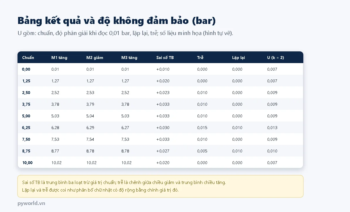 Bảng kết quả chín điểm từ 0 đến 10 bar với số đọc ba loạt, sai số trung bình từ cộng 0,010 đến cộng 0,033 bar, trễ lớn nhất 0,015 bar, lặp lại tối đa 0,010 bar, độ không đảm bảo mở rộng từ 0,007 đến 0,013 bar