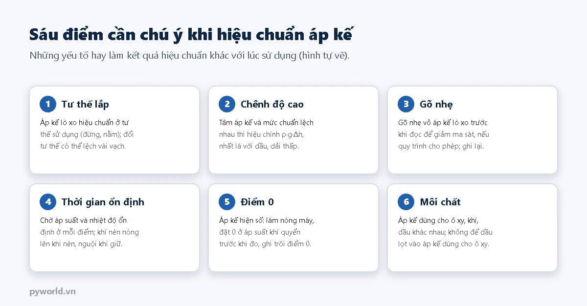 Sáu thẻ lưu ý: tư thế lắp, chênh độ cao, gõ nhẹ, thời gian ổn định, điểm 0 của áp kế hiện số, môi chất