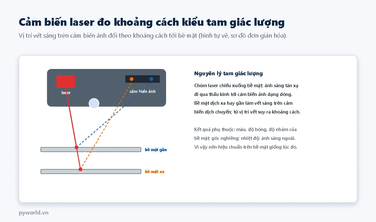 Sơ đồ cảm biến laser tam giác lượng: chùm laser chiếu xuống bề mặt, ánh sáng tán xạ đi qua thấu kính tới cảm biến ảnh dạng dòng; khi bề mặt gần và xa, vết sáng trên cảm biến ảnh ở hai vị trí khác nhau
