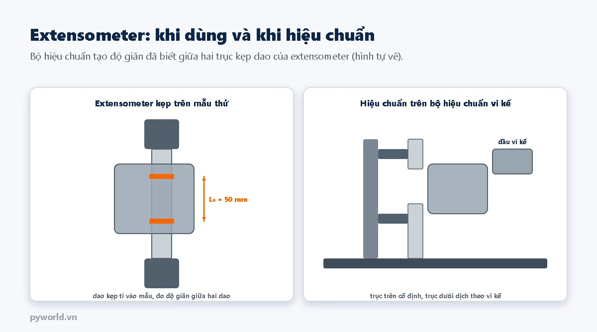 Hai sơ đồ: bên trái extensometer kẹp trên mẫu thử với hai dao kẹp cách nhau chiều dài cữ 50 mm; bên phải extensometer kẹp giữa trục trên cố định và trục dưới dịch theo đầu vi kế của bộ hiệu chuẩn