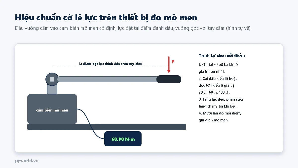 Sơ đồ đầu vuông của cờ lê cắm vào cảm biến mô men cố định trên bàn, lực F đặt vuông góc tại điểm đánh dấu trên tay cầm cách đầu vuông khoảng L, bộ chỉ thị hiện 60,90 N·m; bên phải là trình tự bốn bước cho mỗi điểm