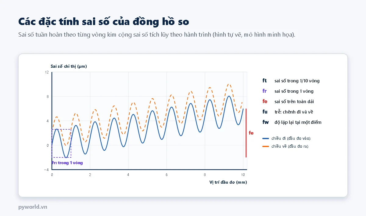 Đồ thị sai số chỉ thị theo vị trí đầu đo từ 0 đến 10 mm: đường chiều đi dao động tuần hoàn theo mỗi vòng kim và tăng dần theo hành trình, đường chiều về nét đứt cao hơn một khoảng do trễ; đánh dấu fr là sai số trong một vòng, fe là sai số trên toàn dải; bên phải giải thích ft, fr, fe, fu, fw