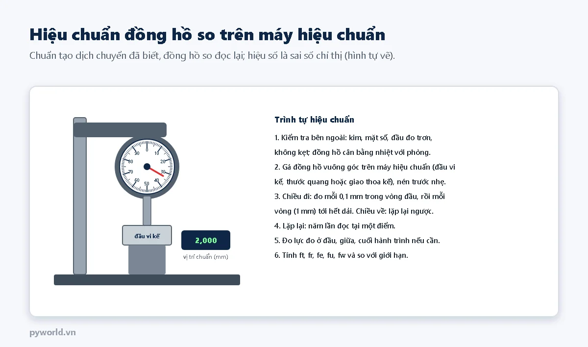Sơ đồ đồng hồ so kẹp trên giá đứng, đầu đo tì vào đầu vi kế của máy hiệu chuẩn có màn hình vị trí chuẩn 2,000 mm; bên phải là sáu bước trình tự hiệu chuẩn