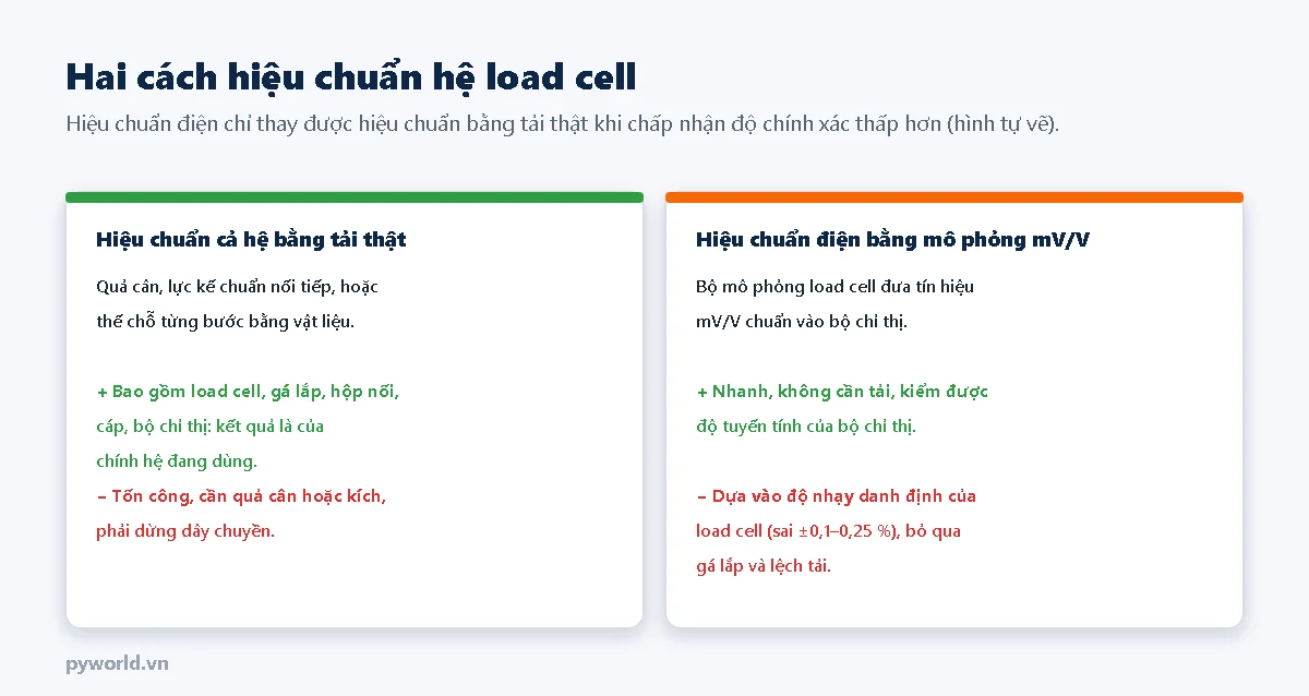 Hai thẻ so sánh: hiệu chuẩn cả hệ bằng tải thật dùng quả cân, lực kế chuẩn hoặc thế chỗ, bao gồm mọi khâu nhưng tốn công; hiệu chuẩn điện bằng bộ mô phỏng mV/V nhanh, không cần tải nhưng dựa vào độ nhạy danh định của load cell và bỏ qua gá lắp