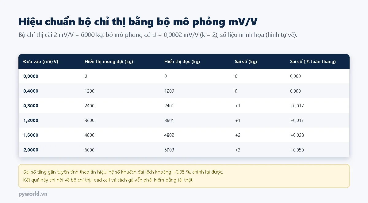 Bảng hiệu chuẩn bộ chỉ thị bằng bộ mô phỏng: đưa vào 0; 0,4; 0,8; 1,2; 1,6; 2,0 mV trên V, hiển thị mong đợi 0 đến 6000 kg, hiển thị đọc 0; 1200; 2401; 3601; 4802; 6003 kg, sai số tăng dần tới cộng 3 kg tức 0,05 phần trăm toàn thang