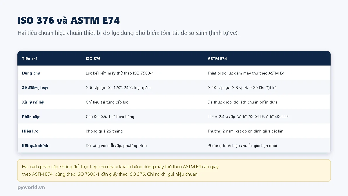 Bảng so sánh ISO 376 và ASTM E74 theo phạm vi dùng, số điểm và loạt, cách xử lý số liệu, cách phân cấp, hiệu lực và kết quả chính; ISO 376 phân cấp 00, 0,5, 1, 2 theo chỉ tiêu tại từng cấp lực, ASTM E74 dùng đa thức khớp và hệ số LLF bằng 2,4 nhân độ lệch chuẩn phần dư