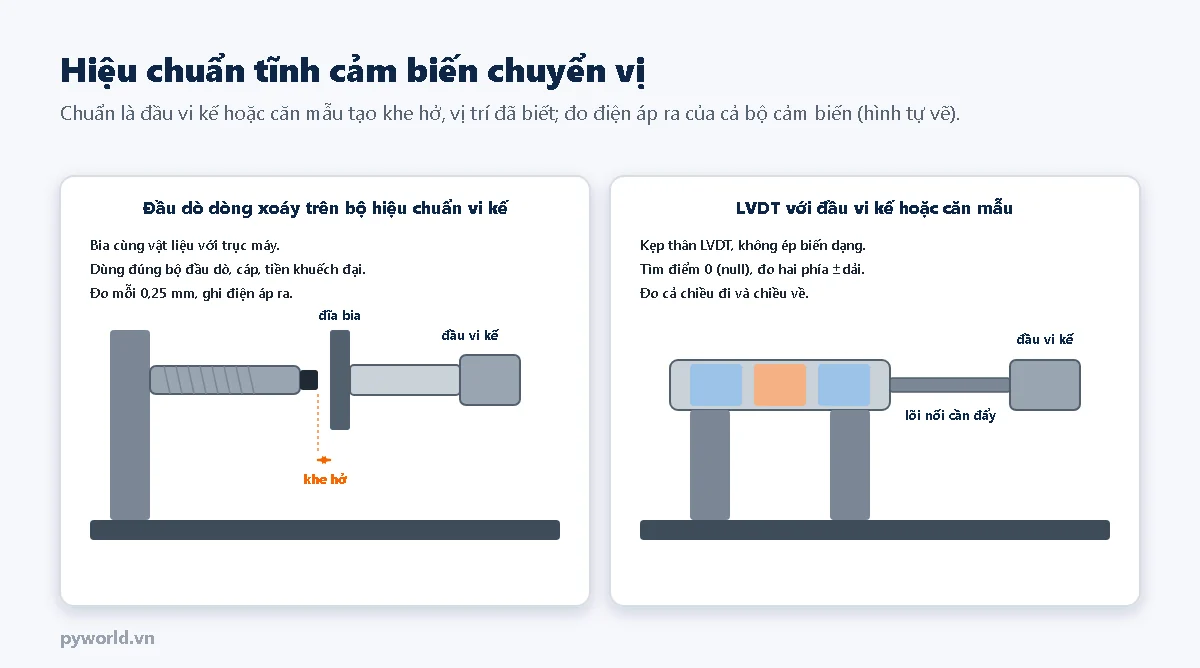 Hai sơ đồ: bên trái đầu dò dòng xoáy kẹp trên giá, phía trước là đĩa bia gắn với trục đầu vi kế tạo khe hở; bên phải thân LVDT đặt trên hai gối đỡ, lõi nối cần đẩy với đầu vi kế