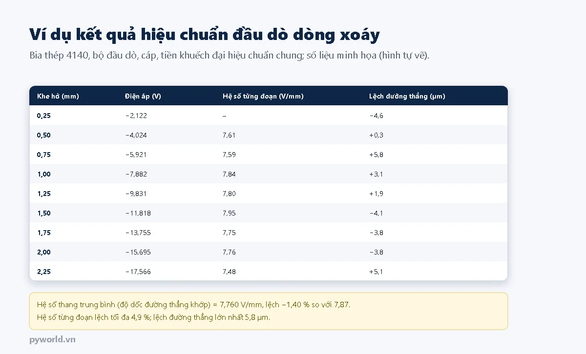 Bảng kết quả hiệu chuẩn đầu dò dòng xoáy tại chín khe hở từ 0,25 đến 2,25 mm với điện áp từ âm 2,122 đến âm 17,566 V, hệ số từng đoạn từ 7,48 đến 7,95 V trên mm, độ lệch đường thẳng từ âm 4,6 đến cộng 5,8 micromét; hệ số thang trung bình 7,760 V trên mm, lệch âm 1,40 phần trăm